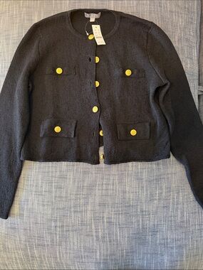 J. Crew Black Bouclé Cropped Jacket with Gold Buttons